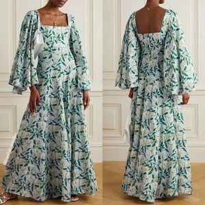 AGUA BY AGUA BENDITA Dress Cumbia Floral Linen Maxi Dress Blue